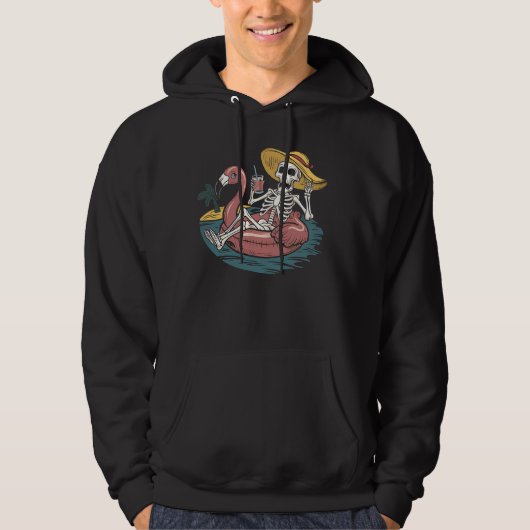 Skeleton Summer Vacation Flamingo Float Tropical B Hoodie (Vorderseite)
