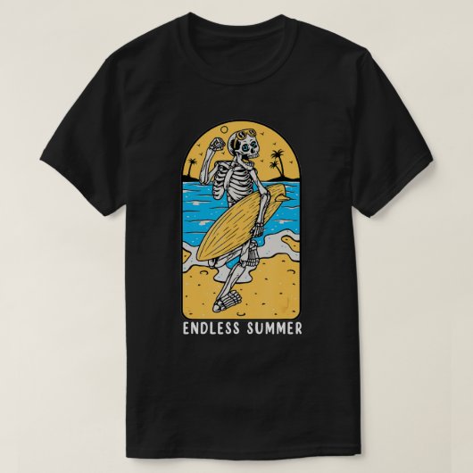 Skeleton Surfer Beach Surfbrett Vintag Sk T-Shirt (Design vorne)