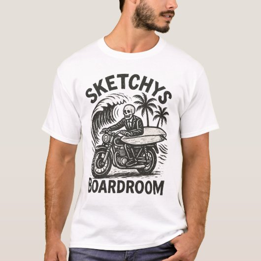 Skeleton Surfer on Motorbike – Grunge Surf Art Tee (Vorderseite)