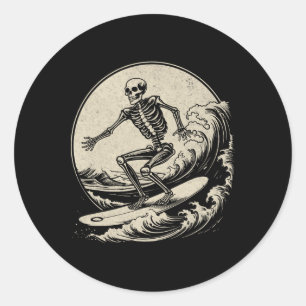 Skeleton Surfer Vintag Big Wave Surfing Funny Hal Runder Aufkleber