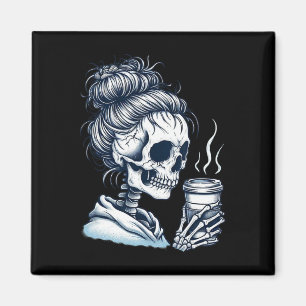 Skeleton trinken Kaffee Messy Bun Frauen Halloween Magnet