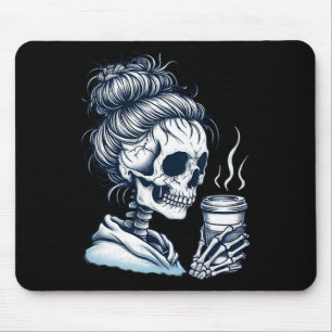 Skeleton trinken Kaffee Messy Bun Frauen Halloween Mousepad