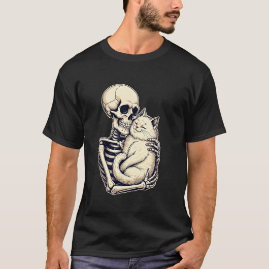 Skeleton umarmt Katze Niedlich Halloween Katze Lov T-Shirt (Vorderseite)