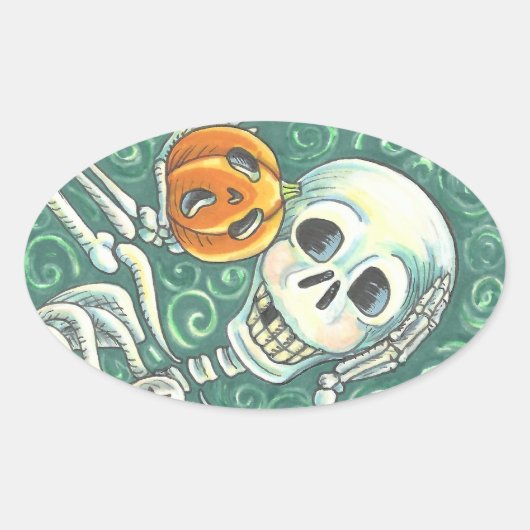 SKELETON UND KÜRBISLATERNE, Oval Ovaler Aufkleber (Vorderseite)