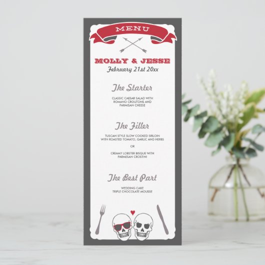 Skeleton Valentine Wedding Menu Menükarte (Stehend Vorderseite)