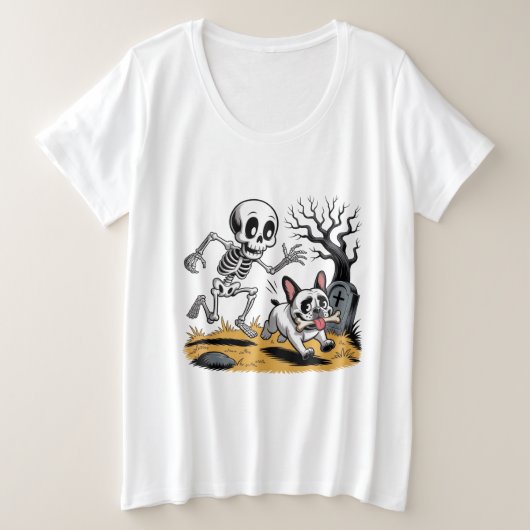 Skeleton vs French Bulldog – Funny Halloween Chase Große Größe T-Shirt (Design vorne)