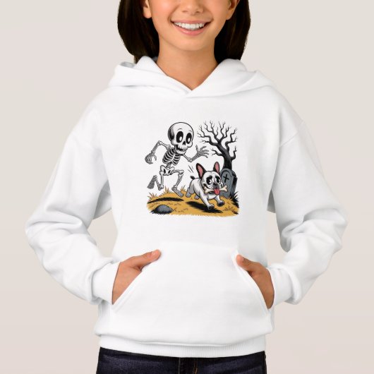 Skeleton vs French Bulldog – Funny Halloween Chase Hoodie (Vorderseite)