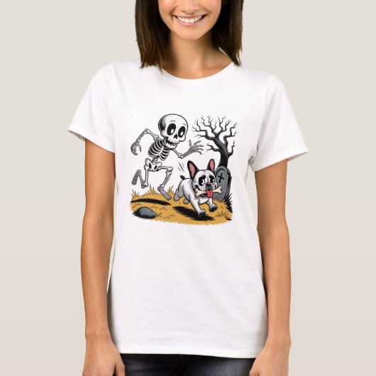 Skeleton vs French Bulldog – Funny Halloween Chase T-Shirt (Vorderseite)