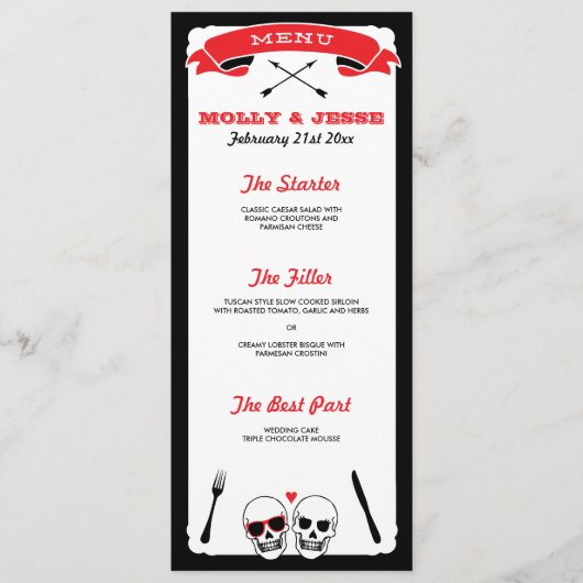 Skeleton Wedding Dinner Menu - Schwarz und Rot Menükarte (Vorderseite)