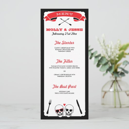 Skeleton Wedding Dinner Menu - Schwarz und Rot Menükarte (Stehend Vorderseite)