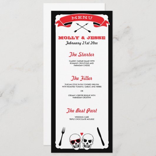 Skeleton Wedding Dinner Menu - Schwarz und Rot Menükarte (Vorne/Hinten)