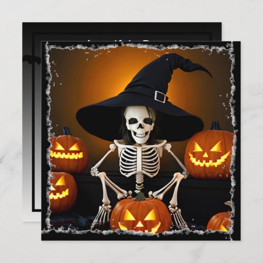 Skeleton Witch's Hat and Jack-O-Lanterns Halloween Einladung (Vorne/Hinten)