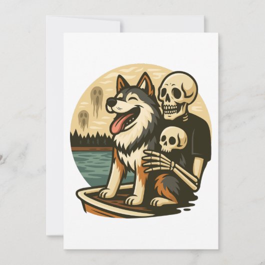 Skeleton with Dog on Haunted Lake Horror Art Einladung (Vorderseite)