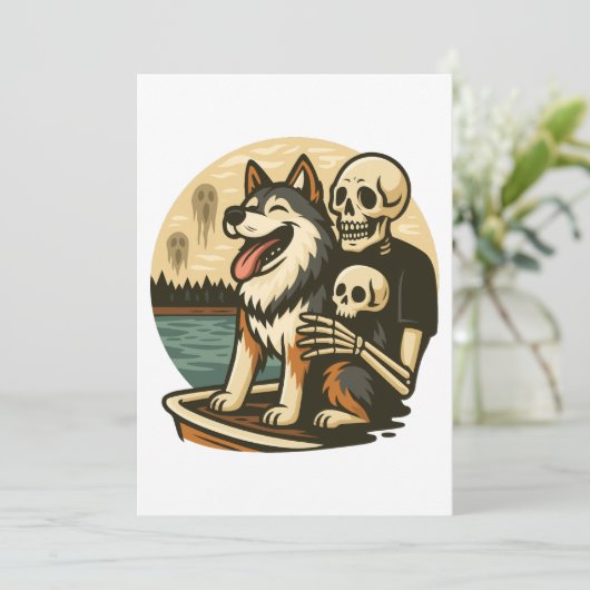 Skeleton with Dog on Haunted Lake Horror Art Einladung (Stehend Vorderseite)