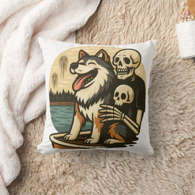 Skeleton with Dog on Haunted Lake Horror Art Kissen (Decke)