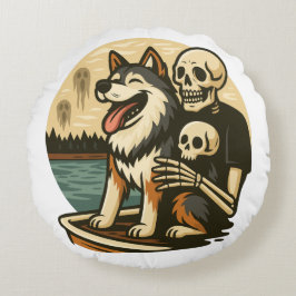 Skeleton with Dog on Haunted Lake Horror Art Rundes Kissen