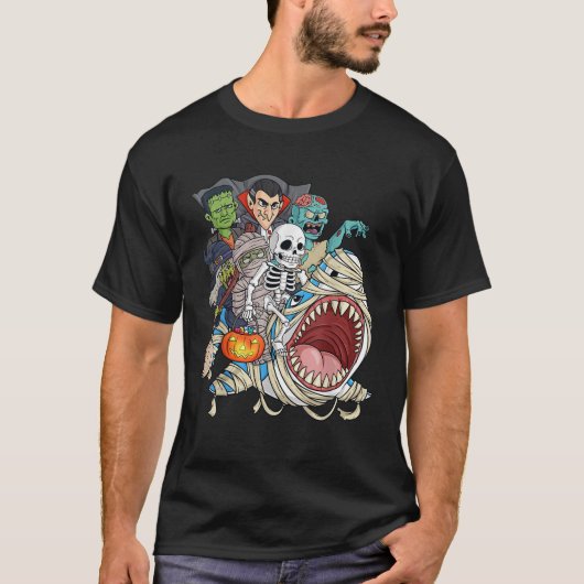 Skeleton Zombie Riding Mummy Shark Vampire Hallowe T-Shirt (Vorderseite)