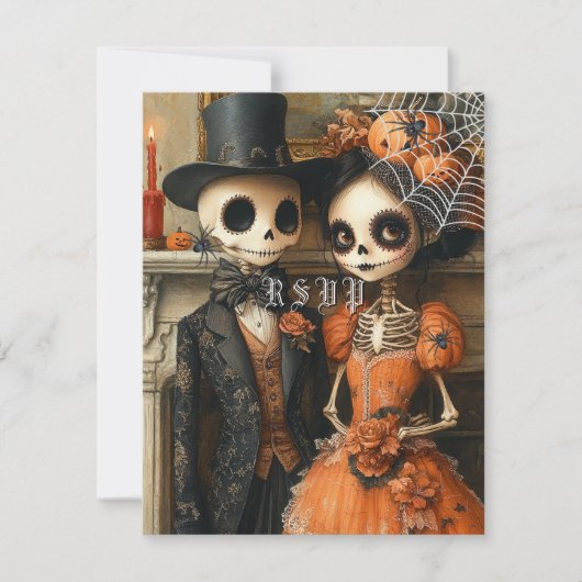 Skeletons Black Spiders Halloween Wedding RSVP Einladung (Vorderseite)