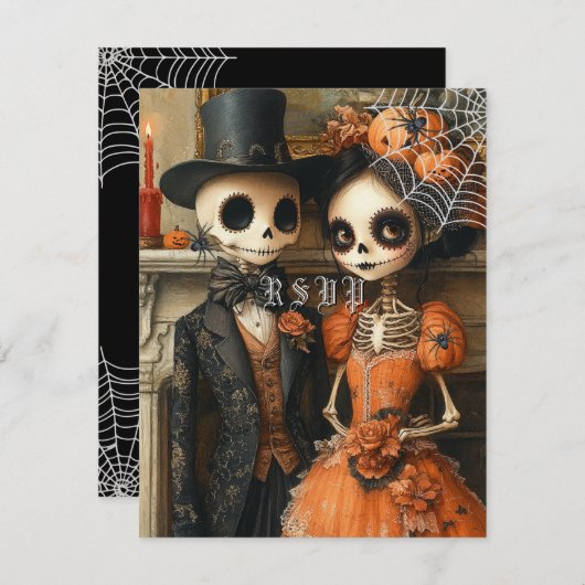 Skeletons Black Spiders Halloween Wedding RSVP Einladung (Vorne/Hinten)