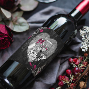 Skeletons Gothic Wedding Burgundy ID866 Weinetikett