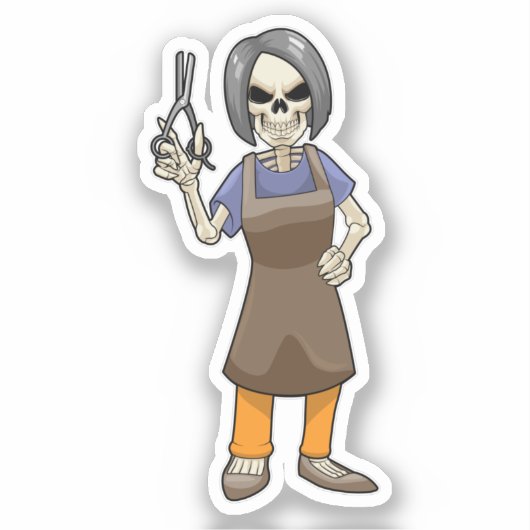 Skelett als Friseur mit Schere Aufkleber (Vorderseite)