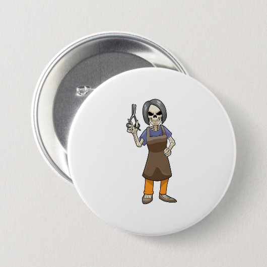 Skelett als Friseur mit Schere Button (Vorne & Hinten)