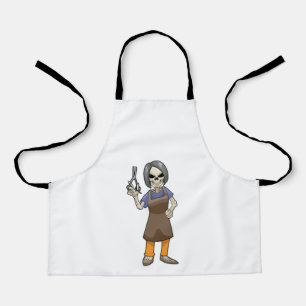 Skelett als Friseur mit Schere Schürze