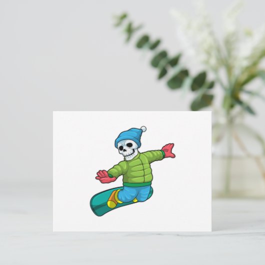 Skelett als Snowboarder mit Snowboard Postkarte (Stehend Vorderseite)