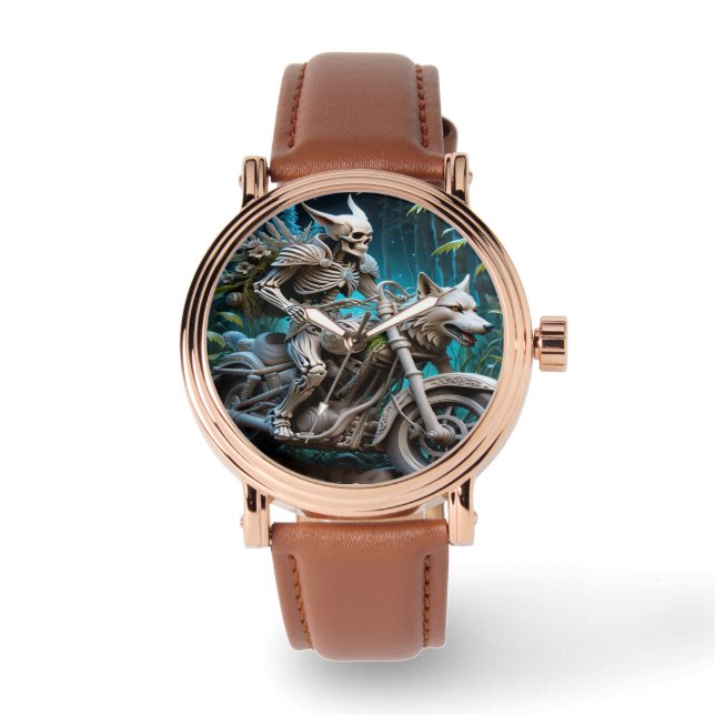 Skelett auf einem Chopper mit Wolfskopf Armbanduhr (Vorderseite)