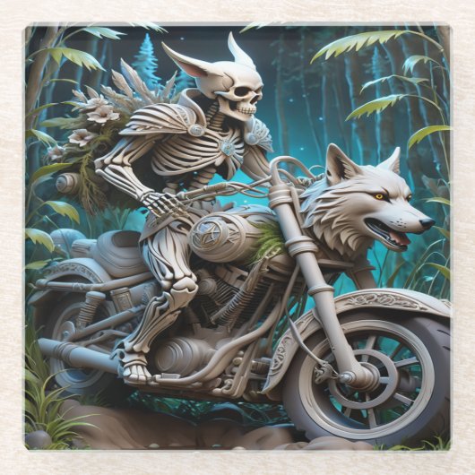 Skelett auf einem Chopper mit Wolfskopf Glasuntersetzer (Vorderseite)