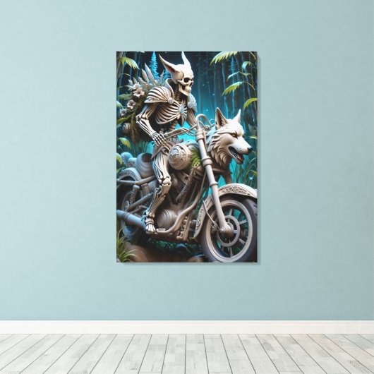 Skelett auf einem Chopper mit Wolfskopf Leinwanddruck (Insitu (Holzboden))