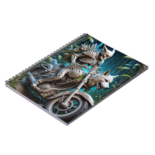 Skelett auf einem Chopper mit Wolfskopf Notizblock (Linke Seite)