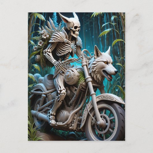 Skelett auf einem Chopper mit Wolfskopf Postkarte (Vorderseite)