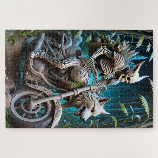 Skelett auf einem Chopper mit Wolfskopf Puzzle (Horizontal)
