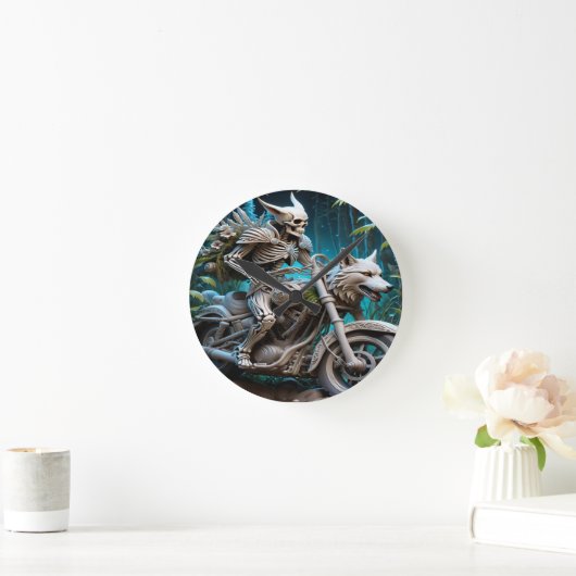 Skelett auf einem Chopper mit Wolfskopf Runde Wanduhr (Zuhause)