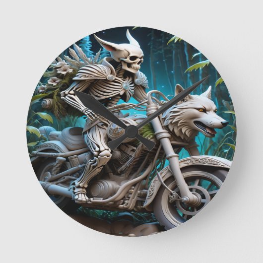 Skelett auf einem Chopper mit Wolfskopf Runde Wanduhr (Vorderseite)