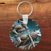 Skelett auf einem Chopper mit Wolfskopf Schlüsselanhänger (Rückseite)