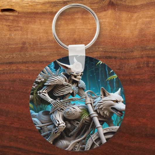 Skelett auf einem Chopper mit Wolfskopf Schlüsselanhänger (Rückseite)