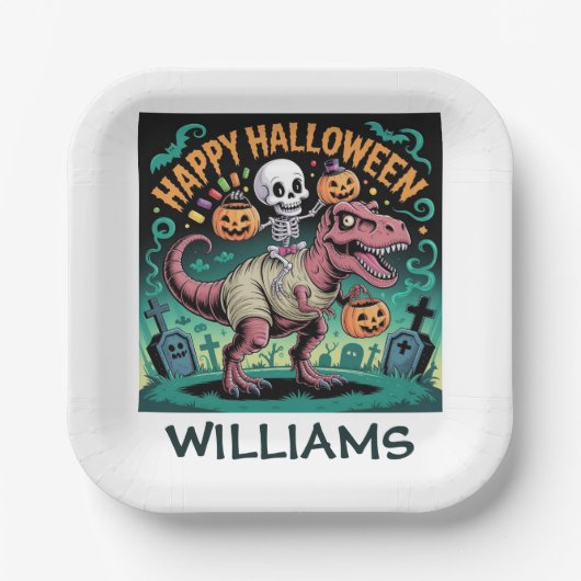 Skelett auf Mummy T-Rex - Spooky Dino Rider Pappteller (Vorderseite)