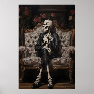 Skelett auf Sofa Druck, viktorianische Blumen Poster
