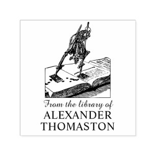 Skelett auf Stilts Wandern auf Buchbibliothek Name Permastempel