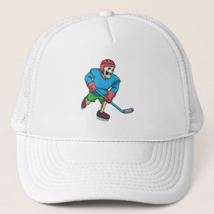 Skelett beim Eishockey mit Eishockeyschläger Truckerkappe