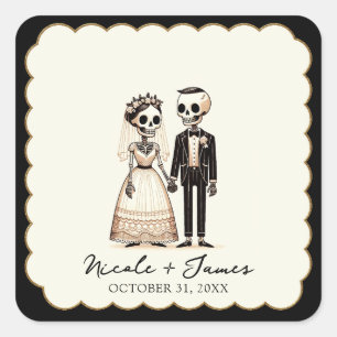 Skelett Braut Bräutigam Whimsical Hochzeit Quadratischer Aufkleber