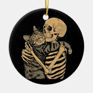 Skelett, das eine Katze umarmt – Süßes Geschenk fü Keramik Ornament