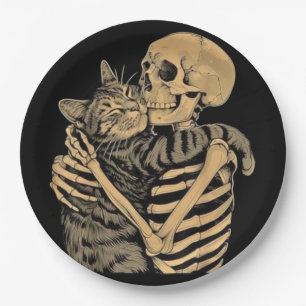 Skelett, das eine Katze umarmt – Süßes Geschenk fü Pappteller
