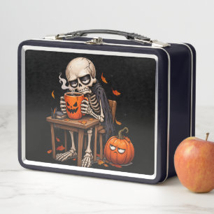 Skelett, das Halloween-Kürbistasse trinkt Metall Brotdose