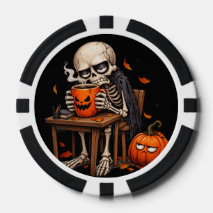 Skelett, das Halloween-Kürbistasse trinkt Pokerchips