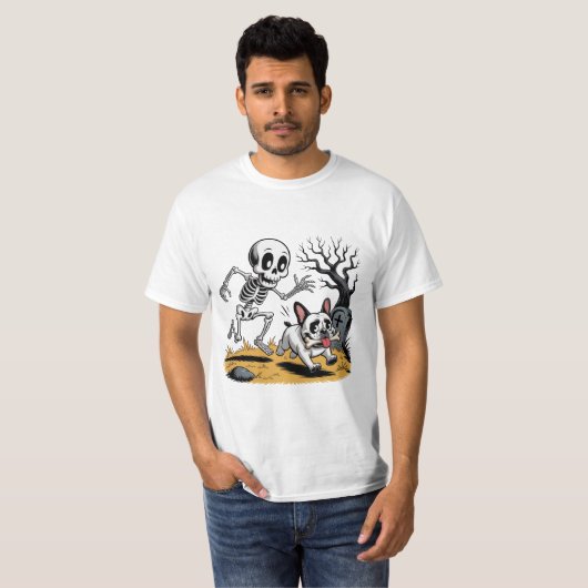 Skelett gegen Französische Bulldogge – Lustige Hal T-Shirt (Vorne ganz)