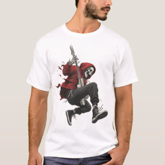 Skelett-Gitarrist in roter Kapuzenjacke rockt  T-Shirt