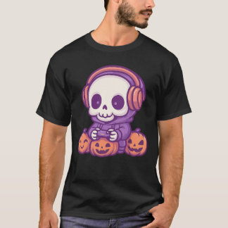 Skelett Halloween-Schädel-Gamer-gruselige Kürbis-S T-Shirt